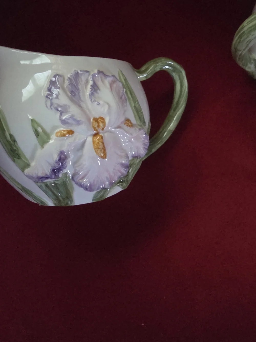 QVC White Ceramic Floral Sugar and Creamer Set with Purple Iris Accents